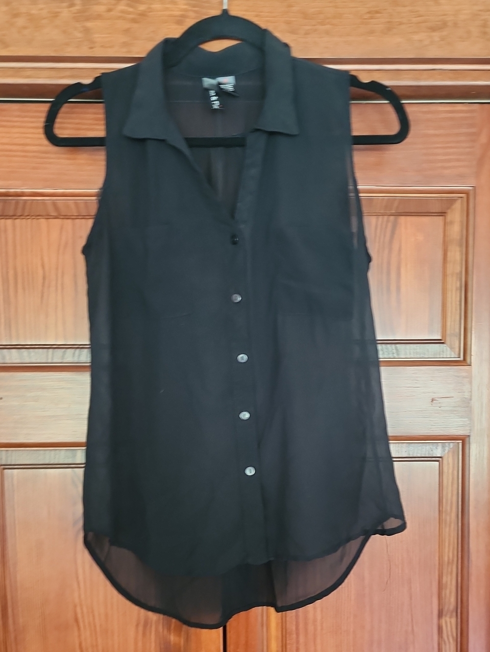 Fun & Flirt Black Sheer Sleeveless Button-Up Blouse